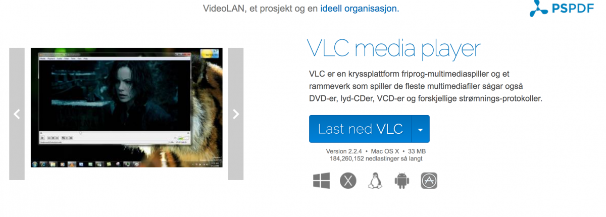 Skjermbilde fra hjemmesiden til Videolan VLC.